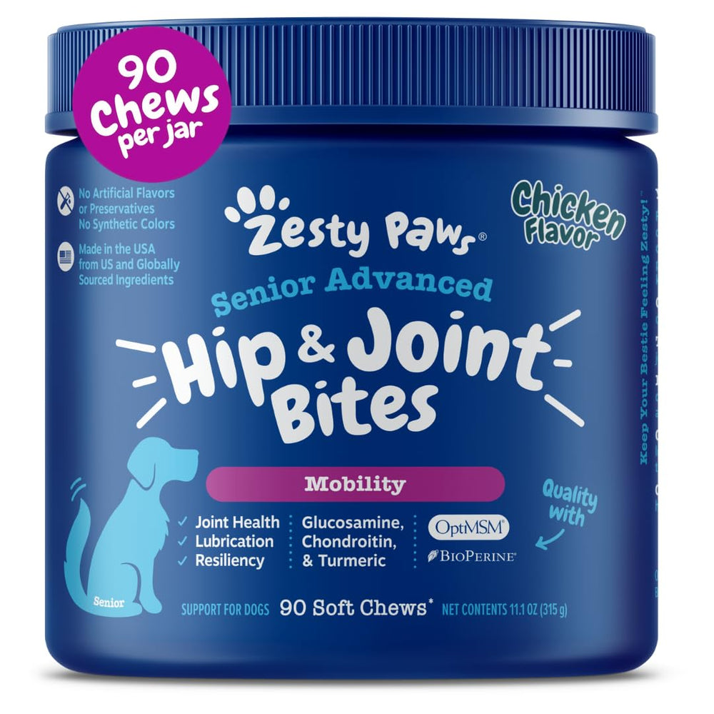 Zesty Paws Mobility Bites bottle label highlighting joint support features