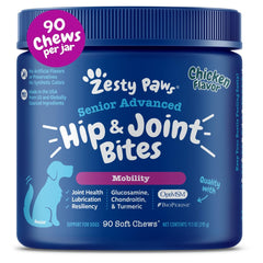 Zesty Paws Mobility Bites bottle label highlighting joint support features
