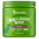 Zesty Paws Mobility Bites bottle side view highlighting joint support.