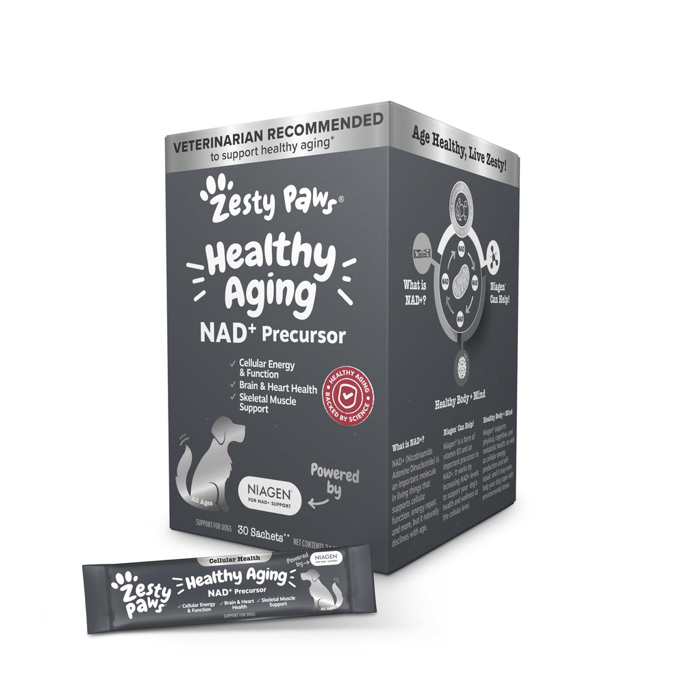 Zesty Paws NAD+ precursor sachets in a box for easy daily dosing