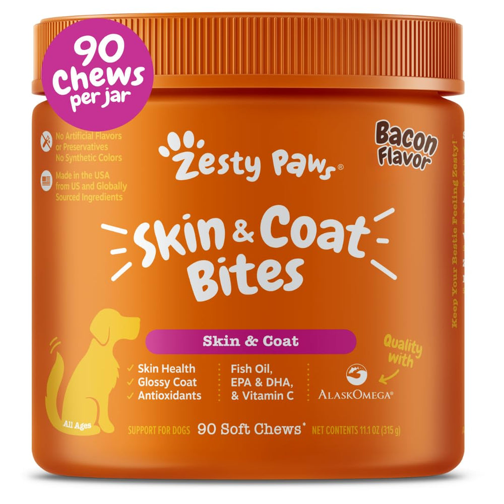 Zesty Paws Omega 3 bottle pour promotes healthy skin and coat for dogs.