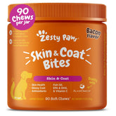Zesty Paws Omega 3 bottle pour promotes healthy skin and coat for dogs.