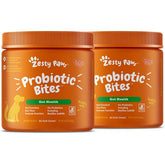 Zesty Paws Probiotic Bites bottle closeup offering digestive support for dogs