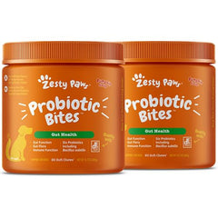 Zesty Paws Probiotic Bites bottle closeup offering digestive support for dogs