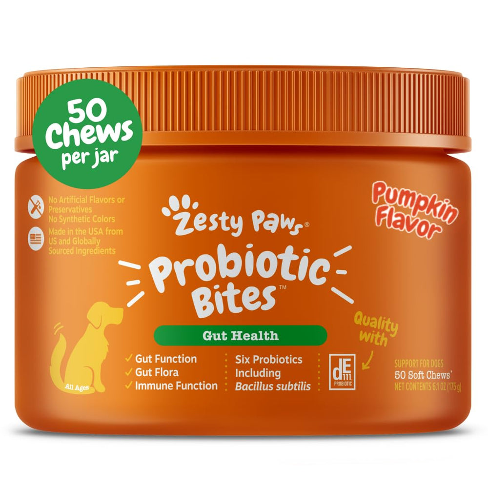 Zesty Paws Probiotics for Dogs bottle close-up highlighting soft chews for digestion support