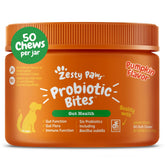 Zesty Paws Probiotics for Dogs bottle close-up highlighting soft chews for digestion support
