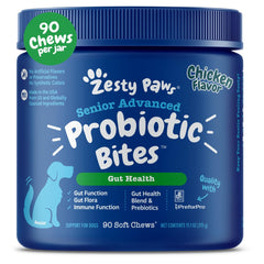 Zesty Paws Probiotics for Dogs bottle closeup showing soft chews for gut health