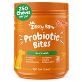 Zesty Paws probiotics for dogs packaging front highlights a premium digestive health supplement.