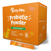 Zesty Paws Probiotics for Dogs powder-topper bottle shows gut-supporting formula.