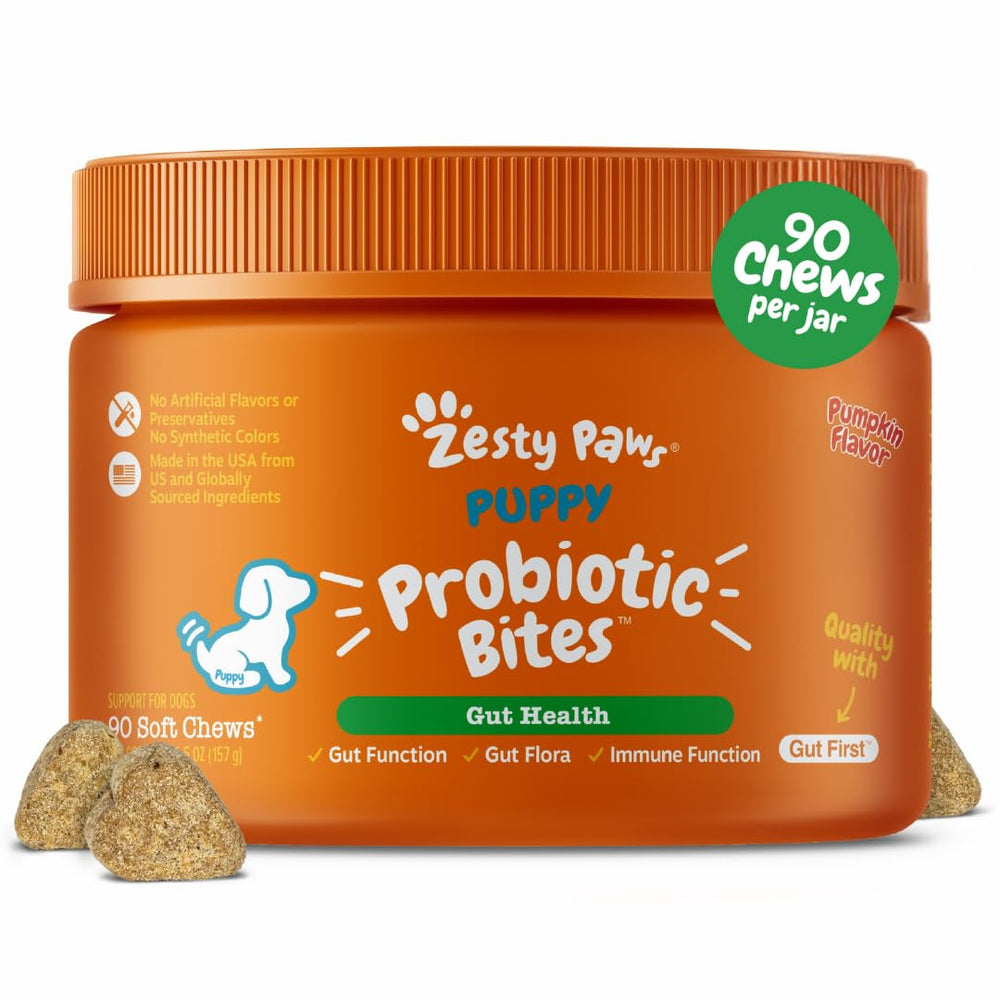 Zesty Paws Puppy Probiotics bites in a chew, supporting puppy digestion.