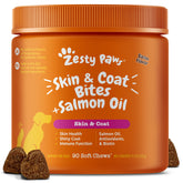 Zesty Paws Salmon Oil bottle front supports shiny coat and healthy skin for dogs.