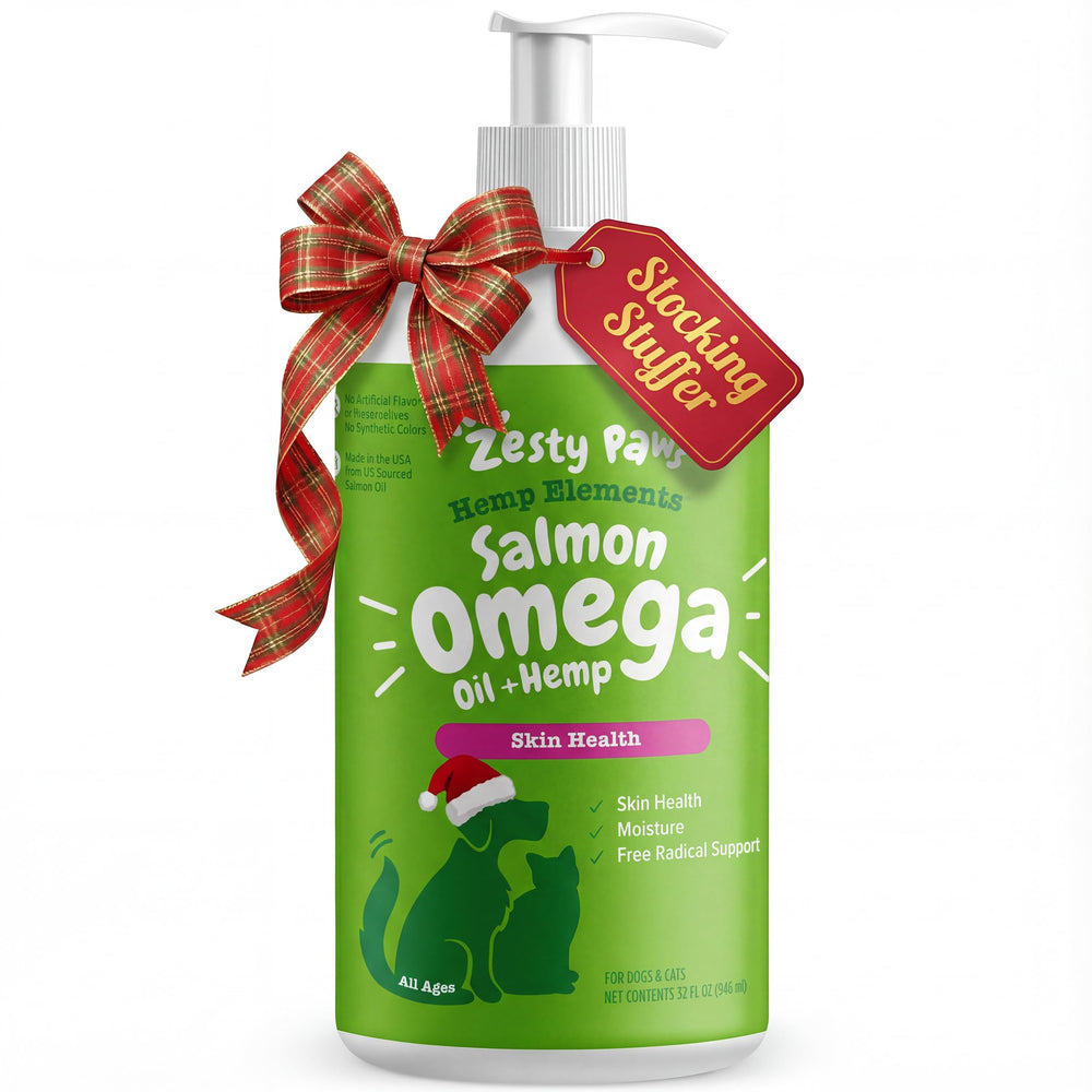 Zesty Paws Salmon Omega Oil Hemp bottle pour for easy dosing and skin support.