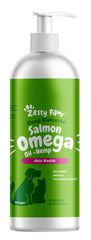 Zesty Paws Salmon Omega Oil Hemp bottle pour for pet skin moisture support.