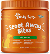 Zesty Paws Scoot Away packaging image showing gut-support soft chews.