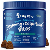 Zesty Paws Senior Calming Soft Chews bottle promotes calm for aging dogs.