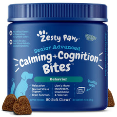 Zesty Paws Senior Calming Soft Chews bottle promotes calm for aging dogs.