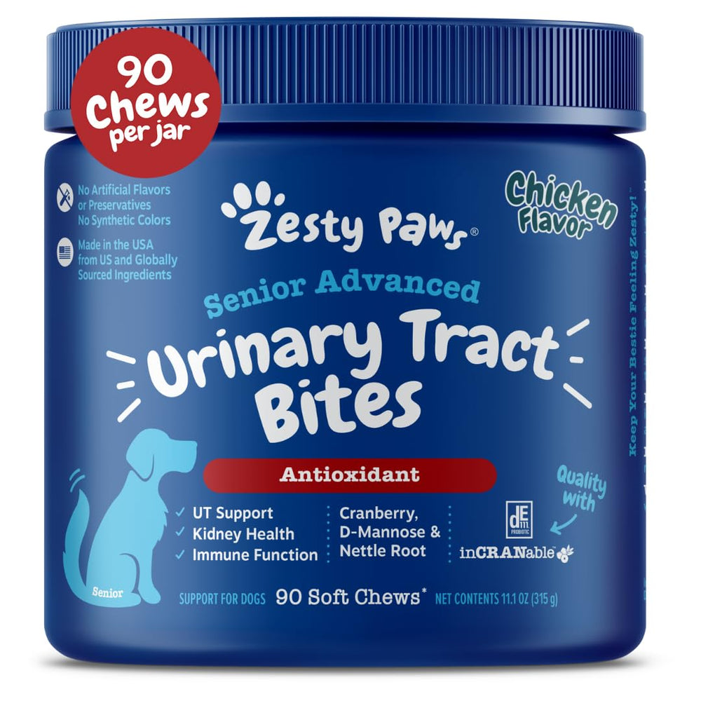 Zesty Paws Senior Cranberry supplement bottle front signaling urinary support for aging dogs.