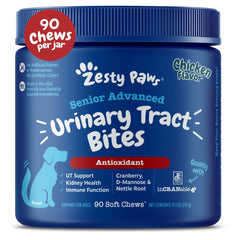 Zesty Paws Senior Cranberry supplement bottle front signaling urinary support for aging dogs.