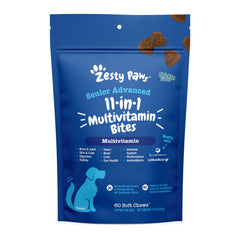 Zesty Paws Senior Dog Multivitamin Treats bottle-front promotes overall senior wellness