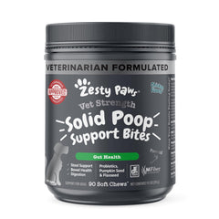 Zesty Paws Solid Poop Support Bites bottle front showing gut-supporting chews