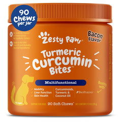 Zesty Paws Turmeric Curcumin Bites bottle shows joint support for dogs.