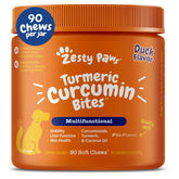 Zesty Paws Turmeric Curcumin bites with duck flavor in soft chews for joint support.