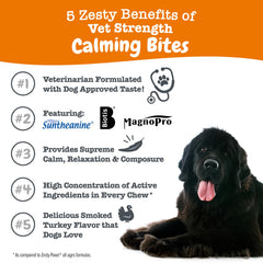 Close-up of Zesty Paws Vet Strength Calming Chews highlighting premium calming ingredients