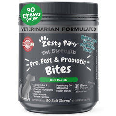 Zesty Paws Vet Strength Probiotics bottle for dogs supporting digestive health.