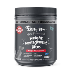 Zesty Paws Weight Management Bites bottle label—vet-strength formula for dogs.