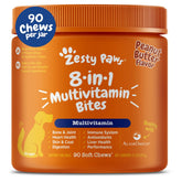 Zesty Paws multivitamin treats bottle closeup highlighting daily joint support