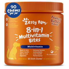 Zesty Paws multivitamin treats bottle closeup highlighting daily joint support