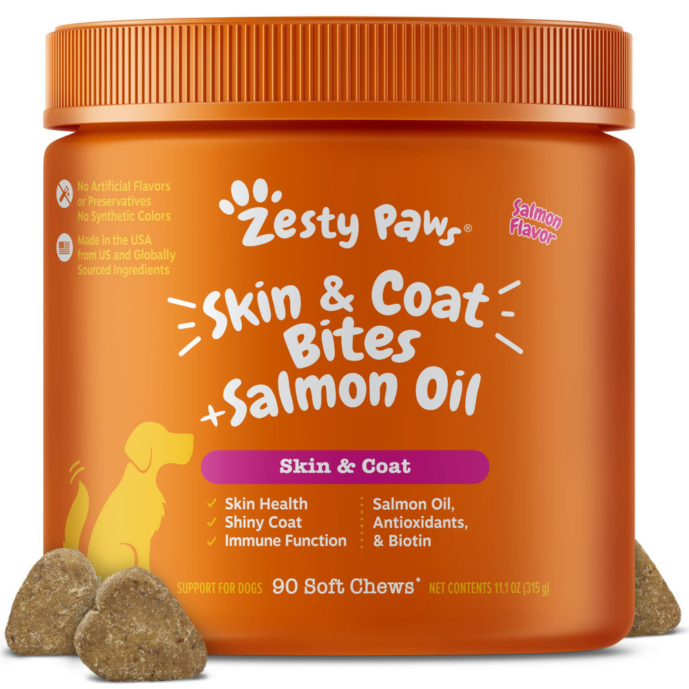 Zesty Paws Salmon Oil bottle for easy dosing and healthier skin.