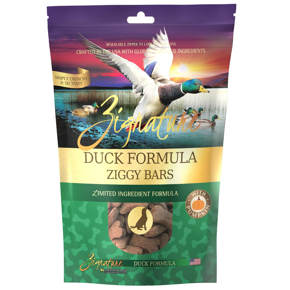 Zignature Duck Limited Ingredient Biscuit bag side view ready for training sessions.