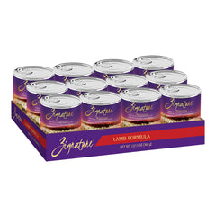Zignature Lamb wet dog food can shows 13oz serving for hydration