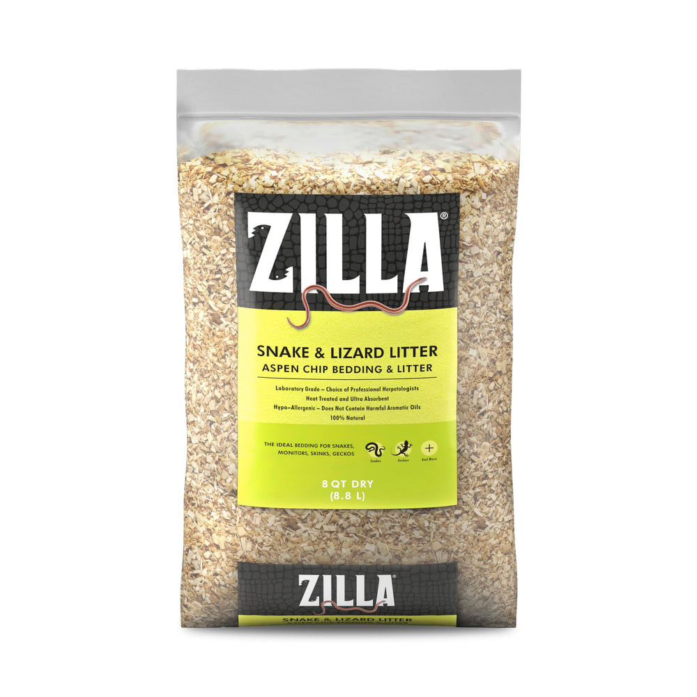 Zilla bedding Aspen chips heat-treated—premium substrate for clean terrarium setup.