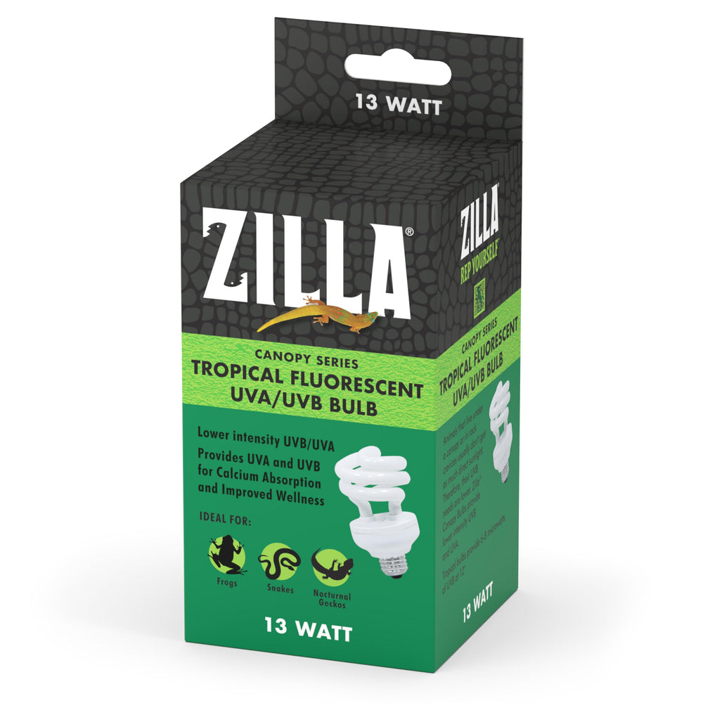 Zilla Canopy UVB/UVA bulb front view supports calcium absorption for canopy reptiles.