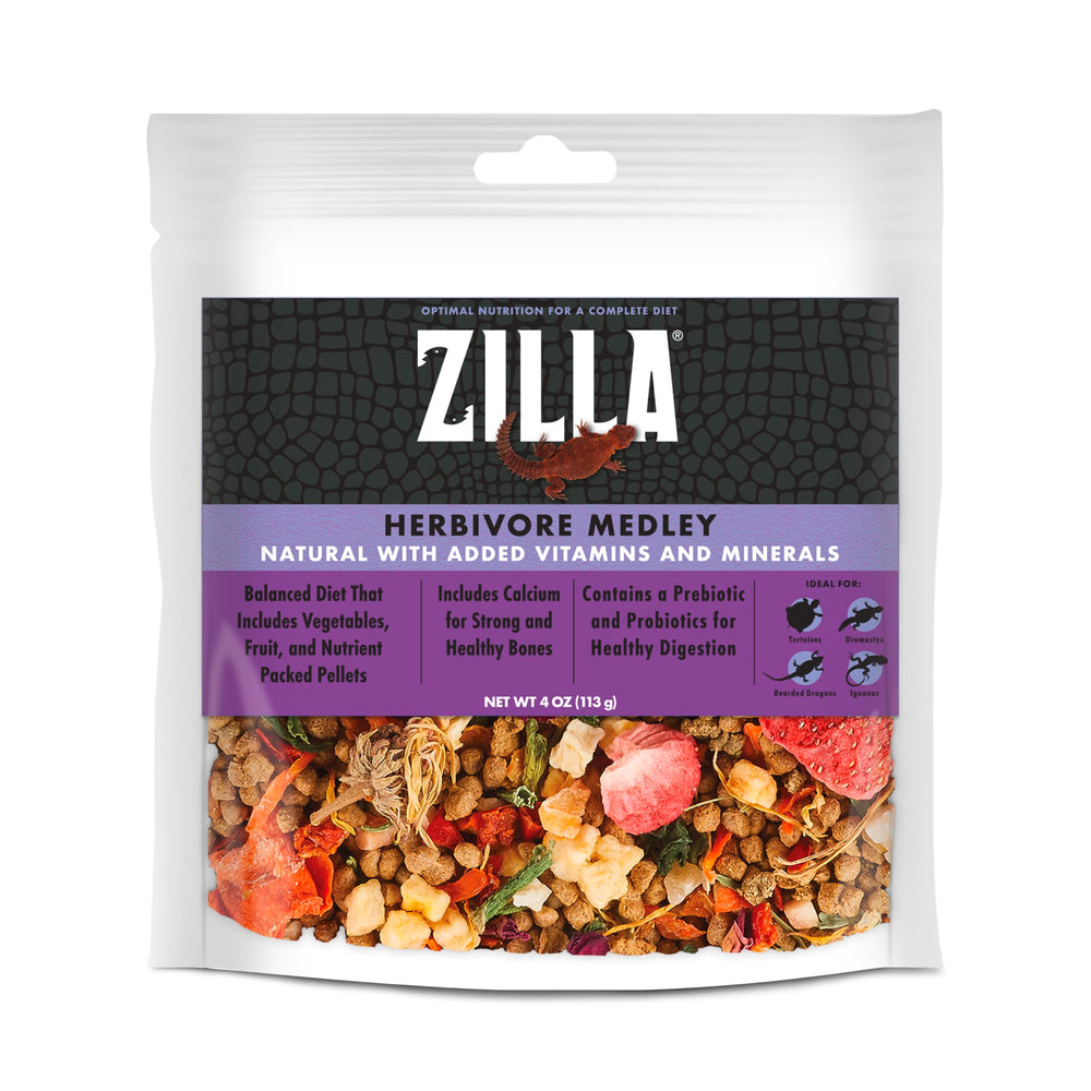 Zilla Herbivore Medley 4 oz bag shows complete reptile nutrition for herbivores