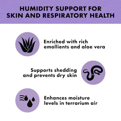 Zilla Tropical Mist in terrarium scene highlights elevated humidity for healthy skin.