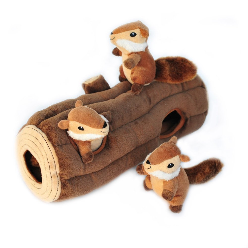 ZippyPaws Burrow chipmunk log entrance increases mental engagement during hide-and-seek play.