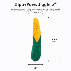 ZippyPaws Jigglerz Corn toy held by dog during playtime highlighting durable, multi-layer fabric