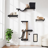 ZLAFM 5-in-1 cat wall shelves installed on wall showing sturdy natural wood and gray finish for safe climbing and play.