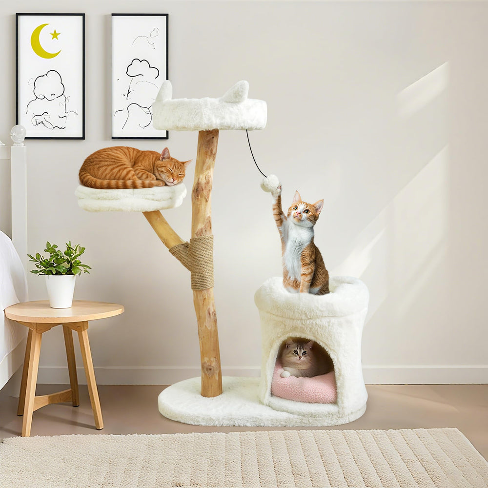 ZLAFM real wood cat tower front view showcases sturdy construction for large adult cats.