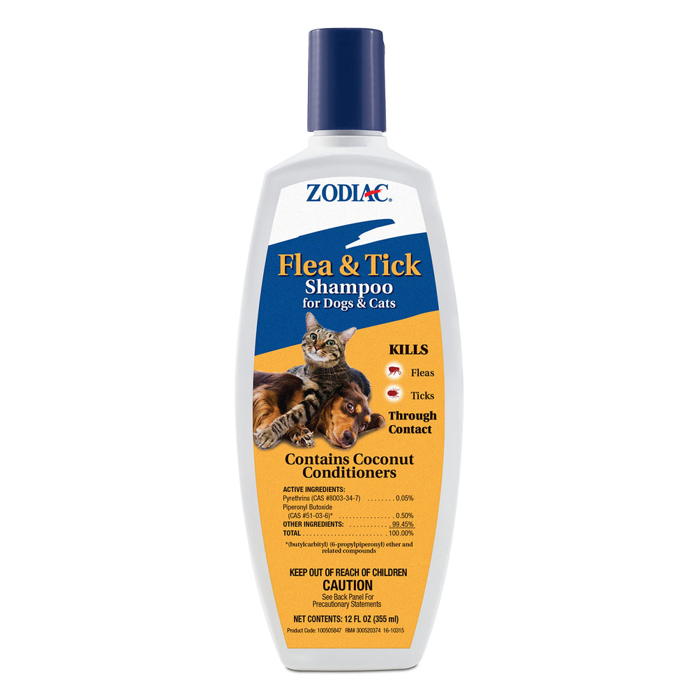 Zodiac flea & tick shampoo label closeup highlighting coconut conditioning for a soft, shiny coat.