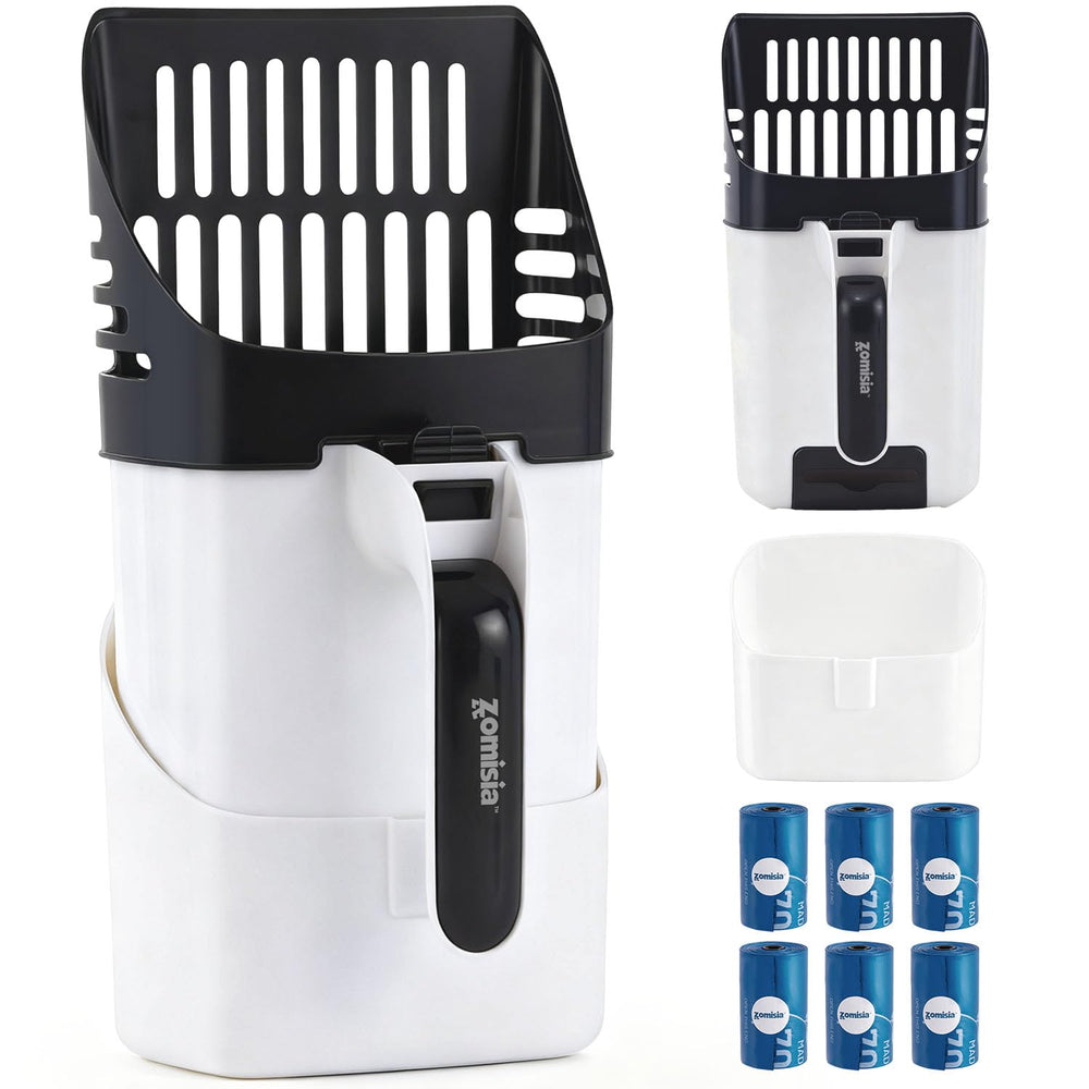 ZOMISIA 3-in-1 litter scoop with holder showcases compact, all-in-one design for easy waste disposal.