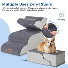 ZOMISIA Dog Stairs Grey non-slip bottom demonstrates safe climbing for pets.