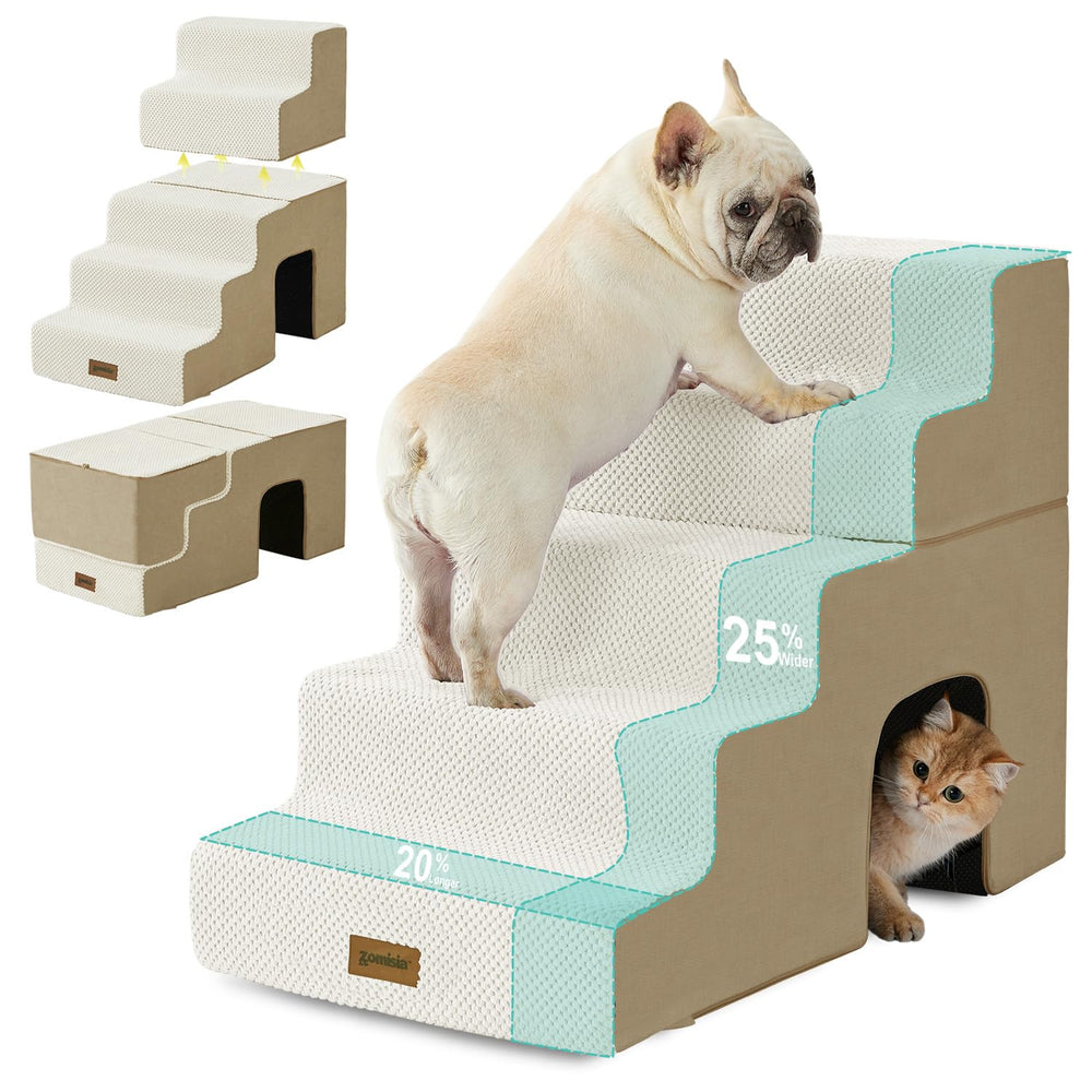 ZOMISIA 5-step dog stairs fully expanded for high bed with sturdy support.