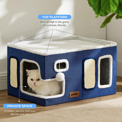 ZOMISIA Extra-Wide Cat House scratch pad demonstrates a durable claw-sharpening surface to help protect furniture.