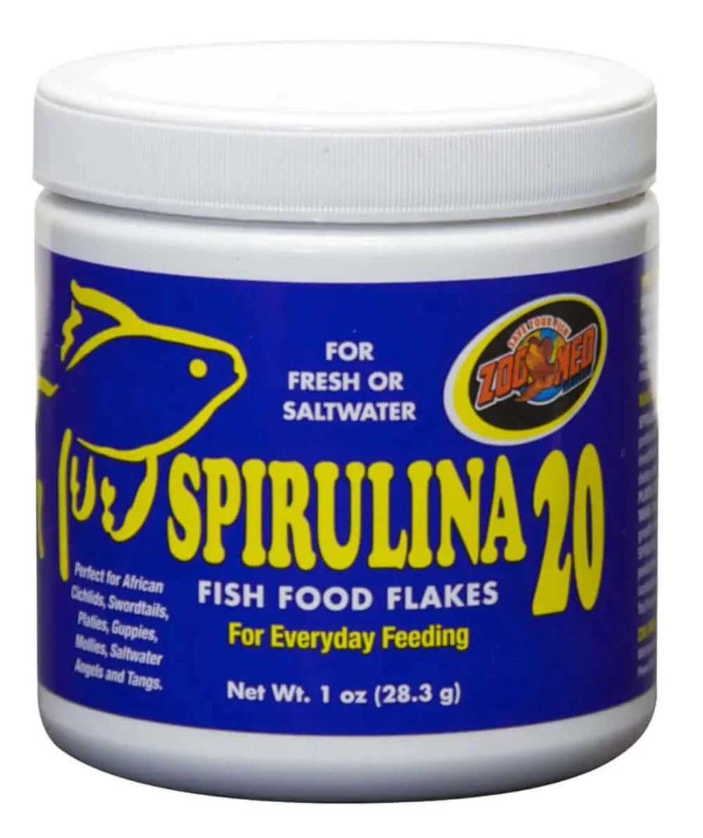 Zoo Med Aquatrol Spirulina flakes packaging highlights protein-rich formula for feeding