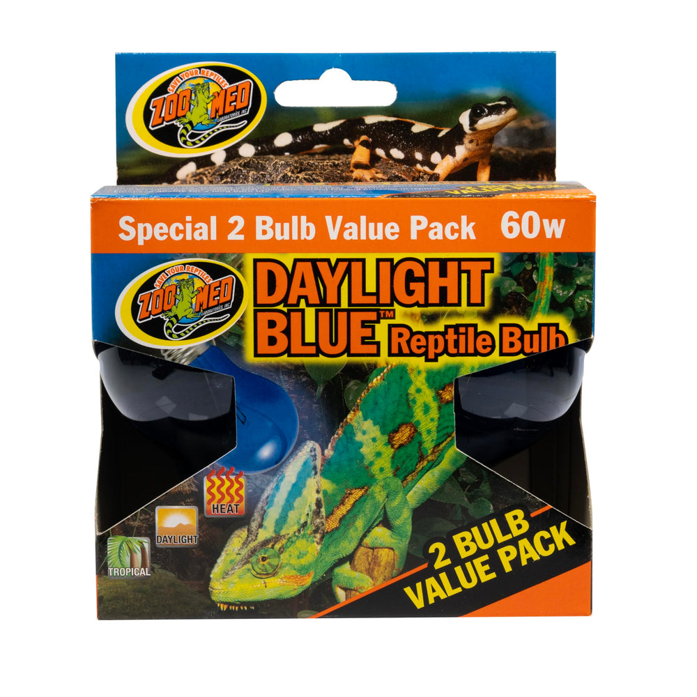 Zoo Med daylight blue reptile bulb packaging shows three boxes for convenient replacement lighting