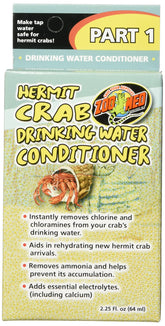 Zoo Med Hermit Crab Drinking Water Conditioner label demonstrates chlorine removal for safe crab water